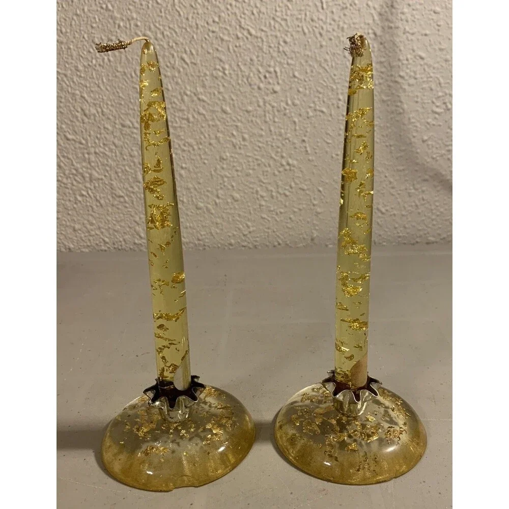 1960’s Lucite Candles 8” Gold Fleck Clear Orange & Holders Set MCM Christmas